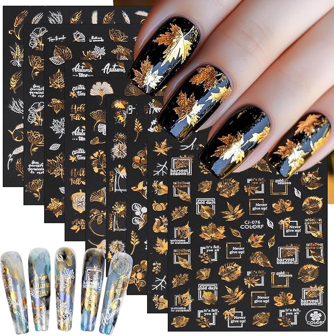 9 Sheets Bronzing Fall Nail Art Stickers 3D Glitter Metallic Maple Leaf Nail Stickers Autumn Laser White Gold Leaves Flower Nail Designs Thanksgiving Holiday Sticker for Women Manicure Tips