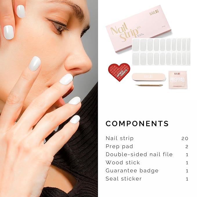 NAILOG Semi Cured Gel Nail Strips (20 Extra Long Stickers/Wraps) | Buy 2 Get 1 UV Lamp| Glossy & Long Lasting Soft Gel Finishing | Pearl White
