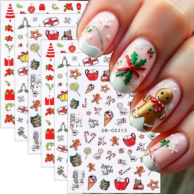 6 Sheets Christmas Nail Stickers for Nail Art Cute Xmas Candy Gingerbread Men Santa Claus Nail Decals 3D Self-Adhesive Bell Christmas Tree Nail Design Winter Snowflake Nail Art Stickers for Women