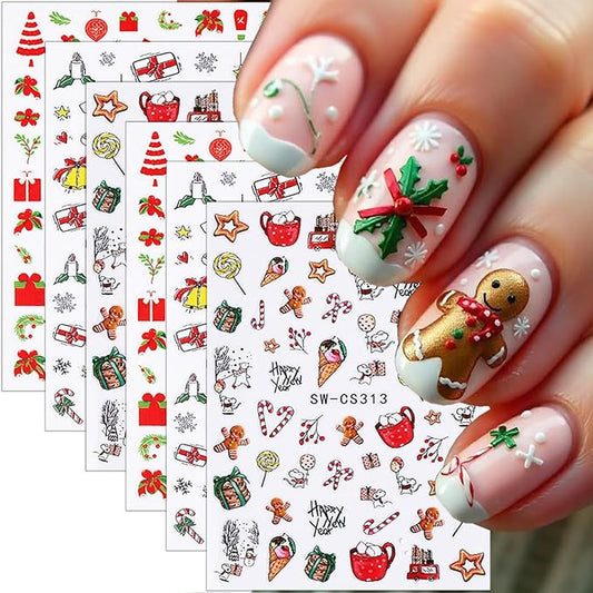6 Sheets Christmas Nail Stickers for Nail Art Cute Xmas Candy Gingerbread Men Santa Claus Nail Decals 3D Self-Adhesive Bell Christmas Tree Nail Design Winter Snowflake Nail Art Stickers for Women