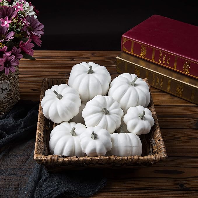 Ogrmar 12 Pack Artificial Assorted Pumpkins, Mini Fake Pumpkins Artificial Vegetables for Halloween,Harvest Thanksgiving Party Decor (White)