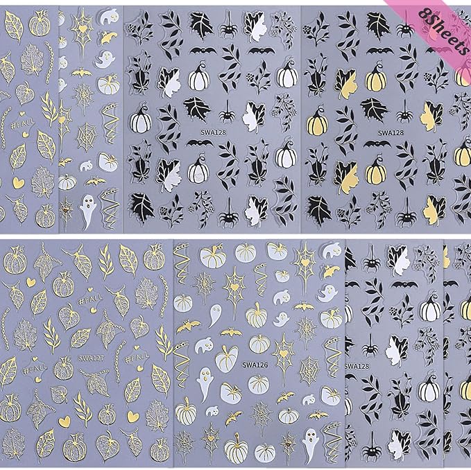 Halloween Nail Stickers Spooky Pumpkins Ghost Nail Decals 8PCS Self-Adhesive Shiny Leaf Pumpkins Bat Spider Web Nail Design Supplies Slider Manicure Accessories Charms Fall Nail Art Stickers for Women