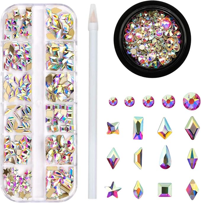 Crystal AB Rhinestones for Nails, 240pcs Multi Shape Flatback Jewels Iridescent Color With Shiny 16 Cutting Facets Quality Rhinestones for Makeup Clothes Bags Jewelry