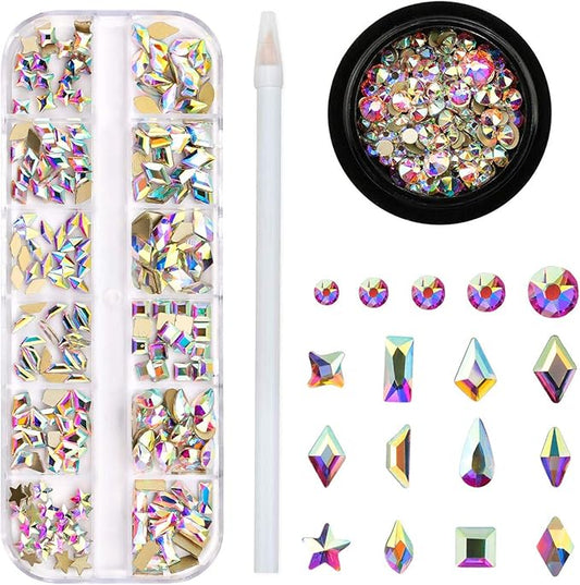 Crystal AB Rhinestones for Nails, 240pcs Multi Shape Flatback Jewels Iridescent Color With Shiny 16 Cutting Facets Quality Rhinestones for Makeup Clothes Bags Jewelry
