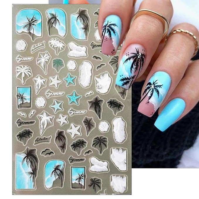 Summer Palm Tree Nail Art Stickers - Beach Sea Wave Self-Adhesive Nail Decals for DIY Shell Sea Star Jellyfish Coconut Tree Manicure (3 Sheets)