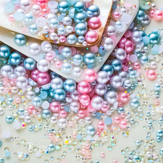 60g Cyan White Flat Back Pearls Rhinestones for Crafts Mixed Size 3mm-10mm AB Color Round Half Pearls Flatback Pearl Beads and Resin Rhinestones Set for Face Art with Glue