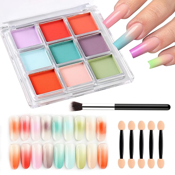 9 Colors Nail Pigment Palette Gradient Ombre Nail Powder Set for DIY Manicure Beginners - Perfect Nail Design with Ultra Fine Powder - Includes 5 Sponge Sticks 1 Brush #06
