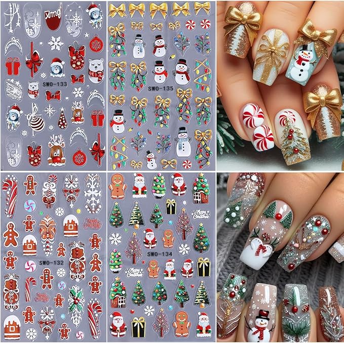 4pcs Christmas Light Strips Nail Art Stickers 5D Embossed Nail Decals Green Christmas Tree & Cute Gingerbread Man Design Xmas Nail Sticker DIY Santa Claus Snowflake Elk Snowman Manicure Decoration