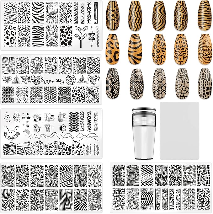5Pcs Leopard Print Nail Stamp Nail Stamping Plates Nail Art Stamping Plates Nail Design Stamp Nail Plate Template Nail Art Accessories Tools with 1 Nail Stamper, 1 Scraper