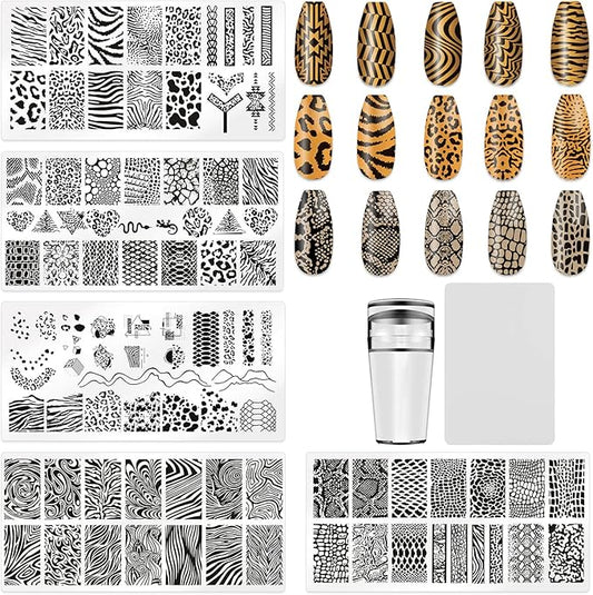5Pcs Leopard Print Nail Stamp Nail Stamping Plates Nail Art Stamping Plates Nail Design Stamp Nail Plate Template Nail Art Accessories Tools with 1 Nail Stamper, 1 Scraper