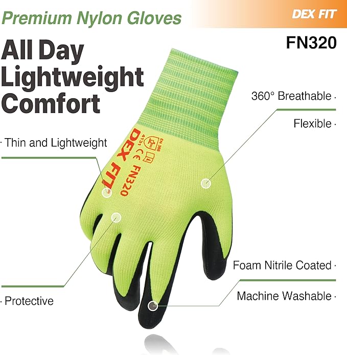 DEX FIT Nylon Work Gloves FN320, 3D Comfort Fit, Power Grip, Lightweight, Touchscreen for Men & Women, Breathable & Flexible for Yard Work DIY Mechanic Warehouse; Neon Green 8 (M)