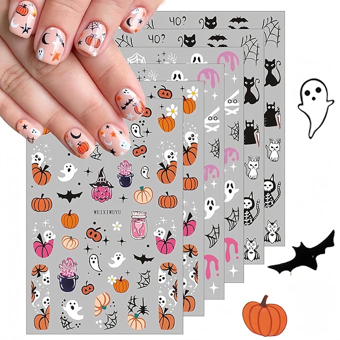 6 Pcs Halloween Nail Art Stickers Cute Ghost Pumpkin 3D Self-Adhesive Nail Decals Scary Bat Black Cat Spider Web Pattern Nail Decals for Women Girls DIY Nail Designs Supplies for Halloween Party