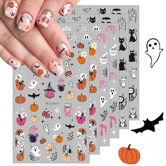 6 Pcs Halloween Nail Art Stickers Cute Ghost Pumpkin 3D Self-Adhesive Nail Decals Scary Bat Black Cat Spider Web Pattern Nail Decals for Women Girls DIY Nail Designs Supplies for Halloween Party