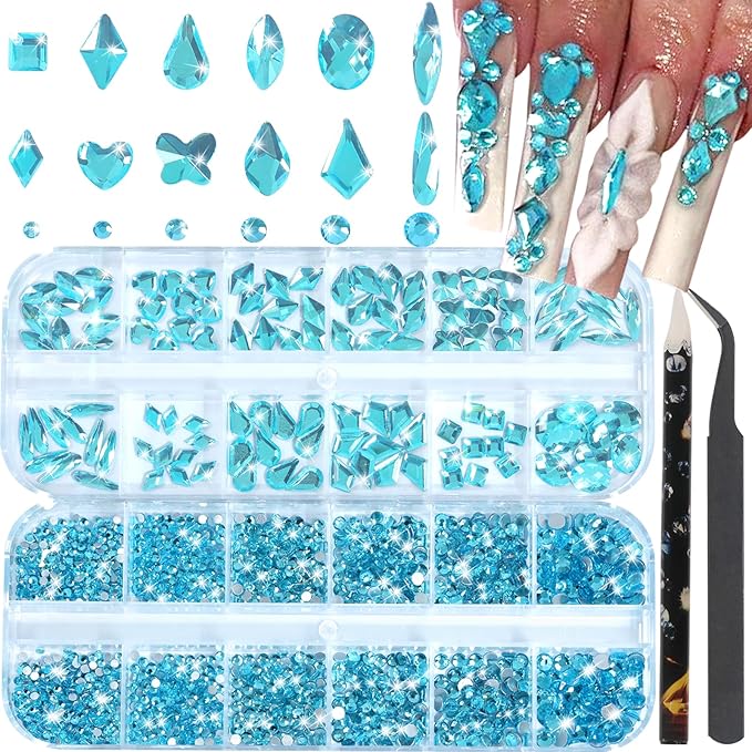 Nail Rhinestones - 3D Multi Shape Size, Flat Back, Manicure Rhinestones Charms, Crystal Lake Blue Gems, with Kit, for Nail Art, Bedazzling Acrylic Nails, DIY Decor