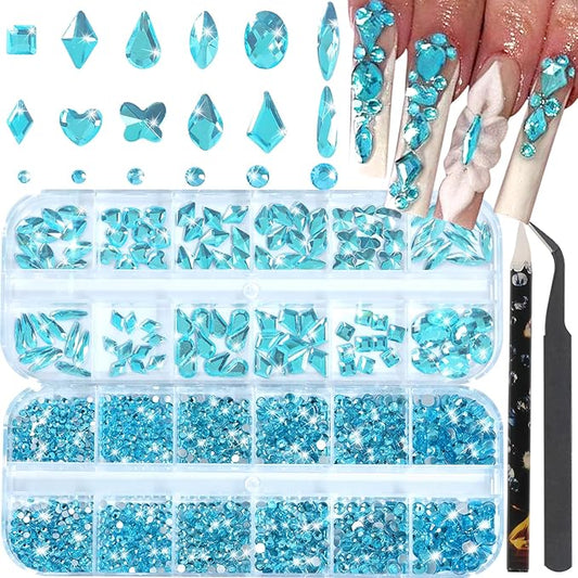 Nail Rhinestones - 3D Multi Shape Size, Flat Back, Manicure Rhinestones Charms, Crystal Lake Blue Gems, with Kit, for Nail Art, Bedazzling Acrylic Nails, DIY Decor
