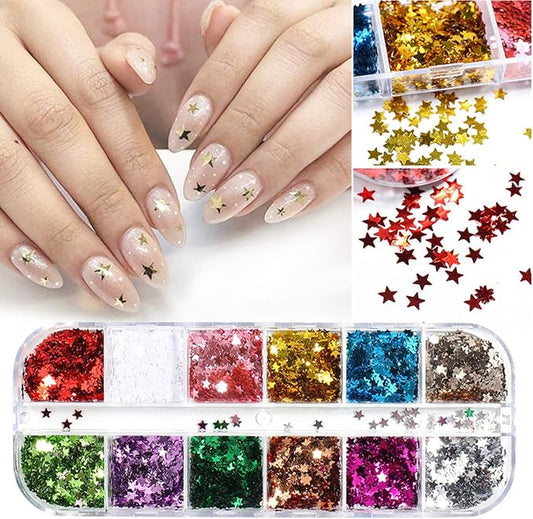 12 Colors Stars Nail Art Stickers Star Nail Glitter Sequins 3D Nail Art Decor Holographic Stars Shape Flakes Nail Design for Women Manicure Tips DIY Nail Charms Decorations Acrylic Nails Supply Kit
