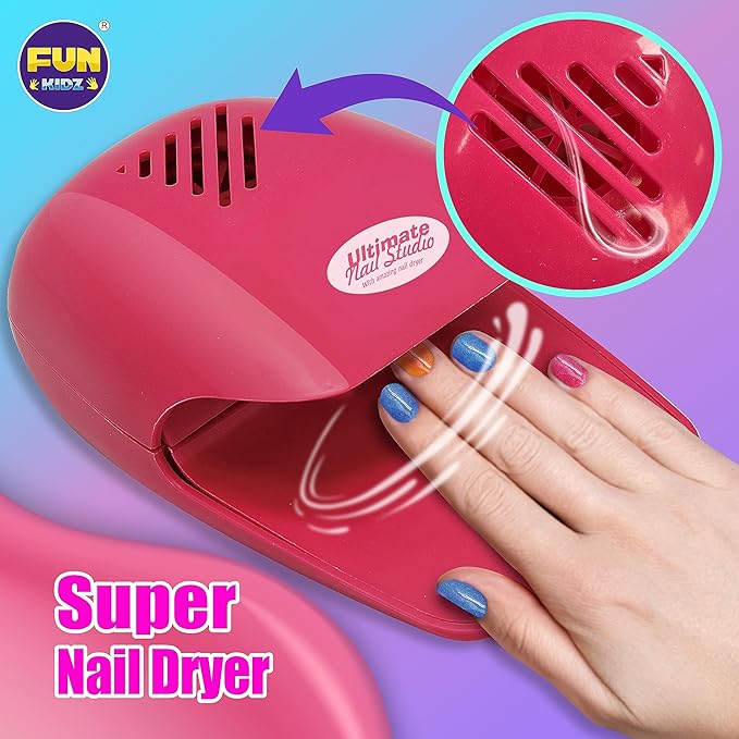Kid Nail Art Kit for Girls, FunKidz Nail Studio Kits Size 17.91Wx12.4L with Peelable Nail Polish Nail Dryer Teens Makeup Mani Pedi Set Spa Party Gift