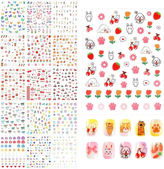Allstarry Nail Stickers for Kids, 15 Sheets Kids Nail Stickers for Girls Self-Adhesive Nail Decals Cute Animal Fruit Bow Flower Heart Star Sticker Birthday Christmas Gift