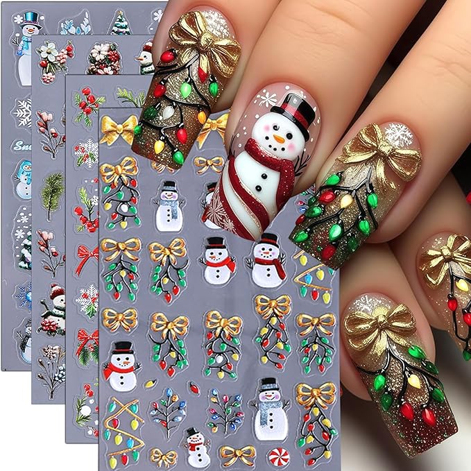 Christmas Nail Stickers 5D Embossed Christmas Tree Snowman Nail Art Stickers Winter Snowflake Nail Decals Self-Adhesive Bow Holiday Lights Design Sticker Xmas Cute Nail Art Decoration for Women 4Pcs