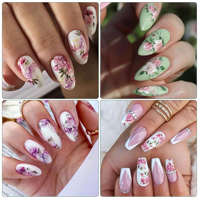 Peony Flower Nail Art Stickers - Pink Floral Leaf Self-Adhesive 3D Nail Decals for DIY Spring Summer Manicure (6 Sheets)