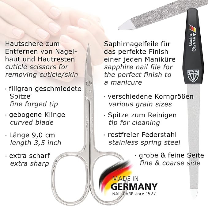 3 Swords Germany - brand quality 5 piece manicure pedicure grooming kit set for professional finger & toe nail care scissors clipper genuine leather red case in gift box, Made in Germany