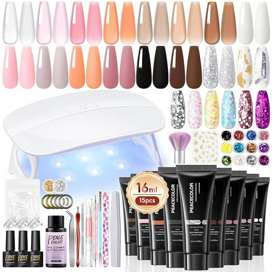 42Pc Poly Nail Gel Kit, 15 Colors Nude Pink White Clear Poly Nail Extension Gel with Nail Lamp Starter Kit Slip Solution 12Pc Nail Decorations Top Coat Manicure Kit Gifts for Women