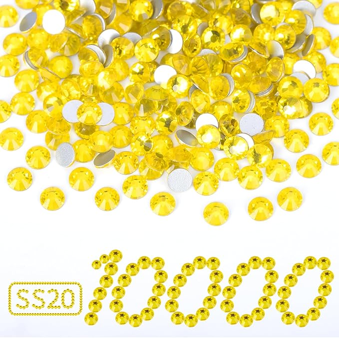 10000PCS Lemon Yellow Rhinestones Bulk, Flat Back Crystal Glass Stone Round Gems,SS20, 4.6-4.8mm