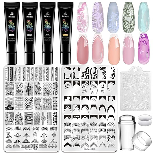 Biutee Nail Stamping Kit 2Pcs Nail Art Stamping Plates 4Pcs Stamping Gel Polish French Tip Nail Stamp Kit 110 Patterns with Silicone Stamper Scraper Large Lace Stamp Template Christmas Gift for Women