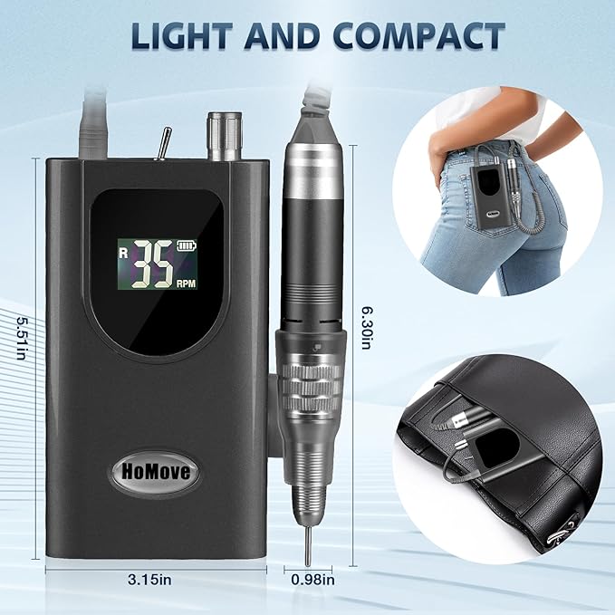 Nail Drill Professional, HoMove 35000RPM Portable Nail Drill Machine, Rechargeable Efile Nails Drill, Low Heat Electric Nail File for Acrylic Gel Nails[Grey]