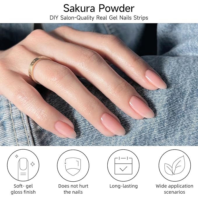 Semi Cured Gel Nail Strips, Sakura Powder | 28 pcs Gel Nail Strips Work with Any UV Lamp, Salon Quality UV Nails Stickers, Easy to Apply for Home Nails DIY