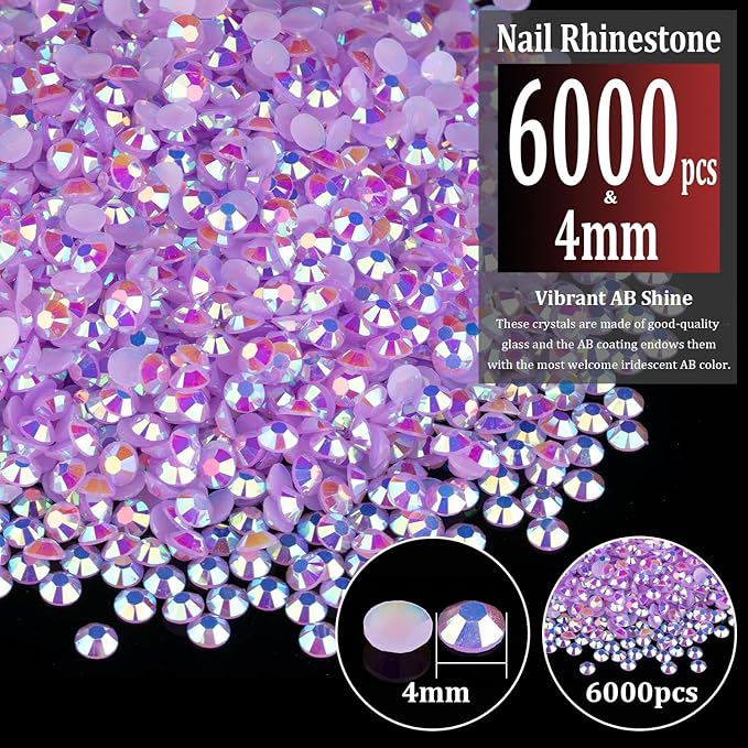 6000pcs 4mm Resin Rhinestones Bulk, Lavender Purple AB Flatback Round Jelly Rhinestones Bedazzling Non Hotfix Crystal Gems Large Quantity Wholesale for DIY Crafts Clothes Tumblers Face Makeup Manicure