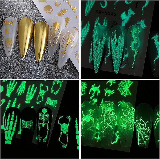Halloween Stickers for Nails Art 12PCS 3D Cute Ghost Skull Nail Decals with Tweezers Self Adhesive Luminous Designs Acrylic Nails Supplies Bat Skeleton Spider Web Stickers for Women Girl DIY Decor