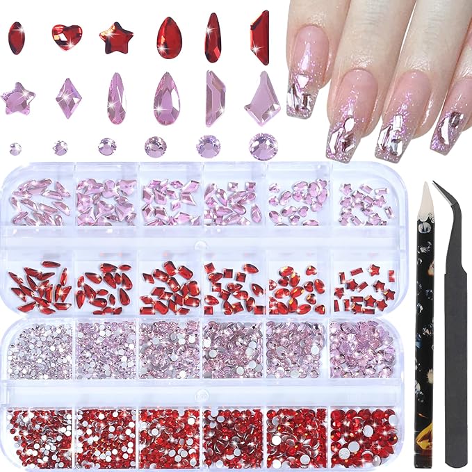 HNUIX Nail Rhinestones for Nails - 3D Multi Shapes, Flat Back, Small Nail Gems, Red & Pink Nail Stones, with Kit, for Nail Art, DIY Decor