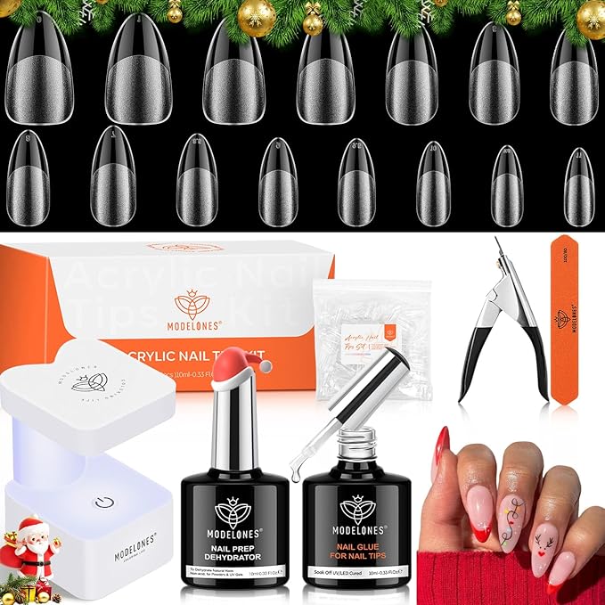 modelones Gel Nail Kit Almond, Upgrade 15Sizes Fake Nails, 9-in-One Glue Dehydrator & Mini U V Light Clipper, 510Pcs Medium Almond Press on Tips for Extension DIY Salon Home Gift
