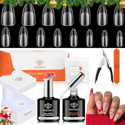 modelones Gel Nail Kit Almond, Upgrade 15Sizes Fake Nails, 9-in-One Glue Dehydrator & Mini U V Light Clipper, 510Pcs Medium Almond Press on Tips for Extension DIY Salon Home Gift