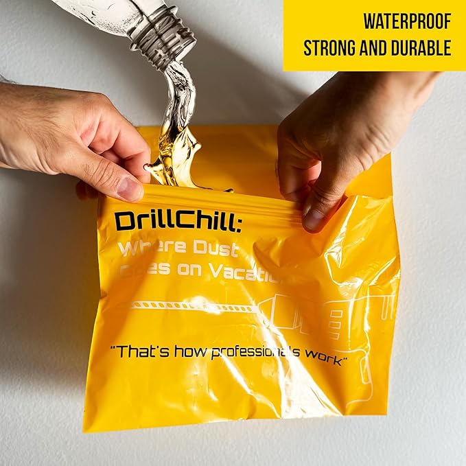 Drilling Dust Catcher Bags - 30PCS Disposable Yellow Dust Collector Bags for Drywall, Brick, Concrete Wall Drilling, Self-Adhesive, PRO and DIY Use, Trash Bags, Keeps Floors Clean