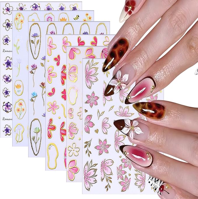6 Sheets Flower Nail Art Stickers 3D Self-Adhesive Hot Stamping Blossom Nails Sticker Spring Nail Art Decals Holographic Floral Nails Decal Decoration for Women Flowers Manicure DIY Nail Supplies