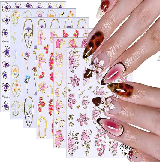 6 Sheets Flower Nail Art Stickers 3D Self-Adhesive Hot Stamping Blossom Nails Sticker Spring Nail Art Decals Holographic Floral Nails Decal Decoration for Women Flowers Manicure DIY Nail Supplies