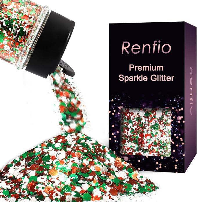 Renfio Xmas Chunky Glitter,Red White Green Mixed Color Glitter for Xmas,1.76oz/50g Mixed Size Iridescent Hexagon Sequin Sparkle for Snowglobe Tumbler,Resin,Craft,Nail,Face,Hair,Festival Decor,Ornament