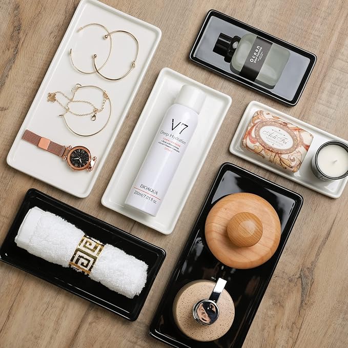 Gurygo 2 Pack 6" Bathroom Tray for Counter - Ceramic Vanity Trays for Bathroom - Small Rectangle Ceramic Tray - Kitchen Soap Trays for Kitchen Counter (White, Set/2)