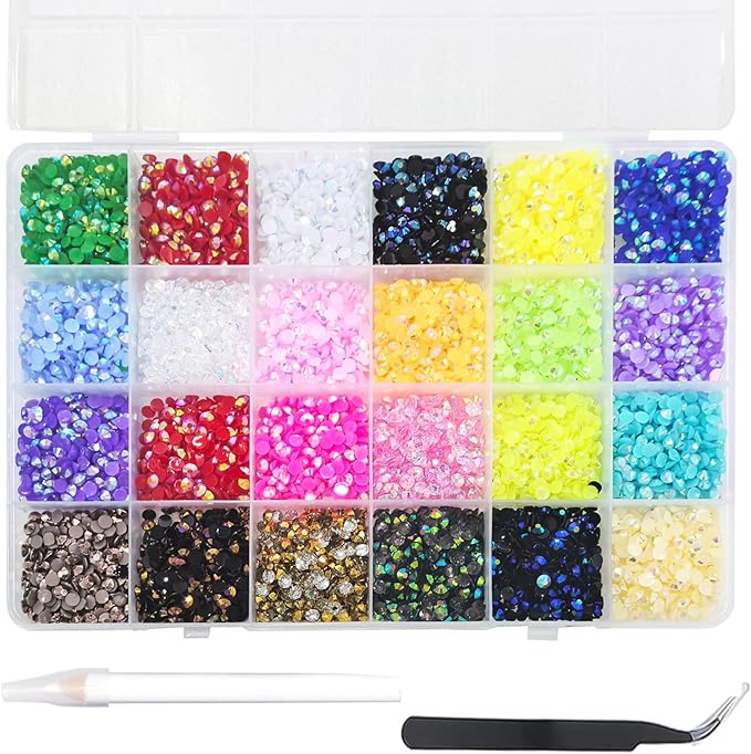 12000Pcs Nail Art Rhinestones, BetterJonny 24 Colors 4mm Round Nail Flatback Rainbow Gems Set with Tweezers and Pencil AB Glitter Flat-Bottomed Rhinestone for Crafts Decoration and Jewelry Making