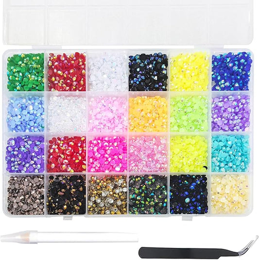 12000Pcs Nail Art Rhinestones, BetterJonny 24 Colors 4mm Round Nail Flatback Rainbow Gems Set with Tweezers and Pencil AB Glitter Flat-Bottomed Rhinestone for Crafts Decoration and Jewelry Making