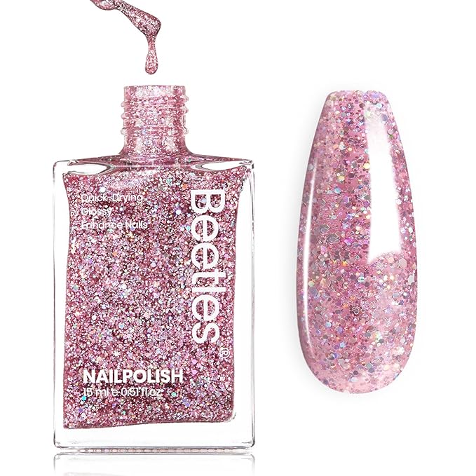 Beetles Glitter Nail Polish, 15ml Light Pink Sparkly Iridescent Rainbow Shimmer Nail Polish, Diamond Shiny Glitter Fast Drying & Long Lasting Nail Lacquer Shimmer for Nail Salon-Quality Results