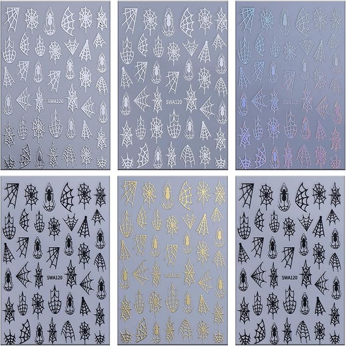 6 Sheets Halloween Spider Web Nail Art Stickers 3D Self -Adhesive Spider Web and Spider Nail Decals Holographic Black Gold Silver Nail Stickers Halloween Nail Decoration for Women Manicure Supplies