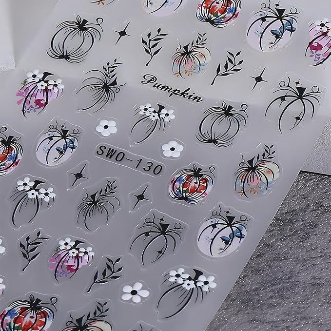 Halloween Nail Art Stickers, Halloween Pumpkin Nail Decals 3D Embossed with Grass Flowers Star Design 2PCS Pumpkin Nail Art Supplies for Women Decoration