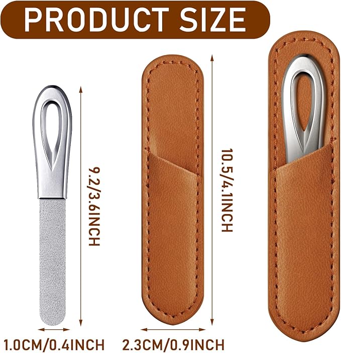 3 Pieces Stainless Steel Nail Files with Leather Case Double Sided Nail Files Non Slip Handle Grit Diamond Fingernail File Easily Grinding Metal Nail File Emery Boards for Natural Nails (Brown)