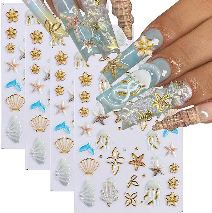 3D Beach Theme Nail Art Stickers, Starfish and Seashell Design, Gold Accents, 4 Sheets
