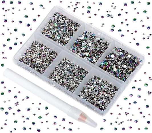 Bymitel 7200 Pieces 6 Mixed Sizes Glue Fix on Glass Rhinestones Round Crystal Gems Flatback for DIY Jewelry Making with one Picking Pen(6-Sizes 7200PCS, Green Volcanic)