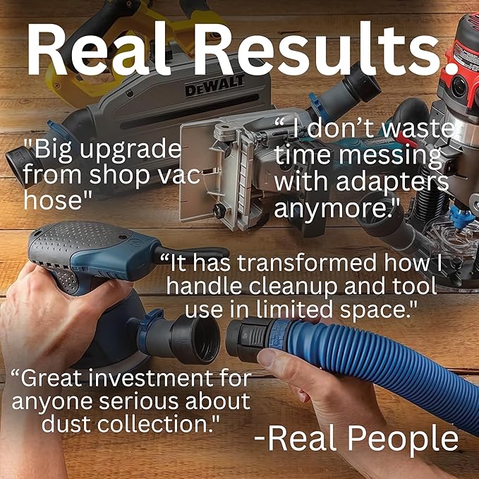 Dust Right Flexiport Power Tool Hose Kit - 3 To 12' Expandable Hose & 4 FlexiPorts - Lightweight Dust Collectors for Woodworking Power Tools - Collector Hose for Shop Vacuums, Table Saw & More