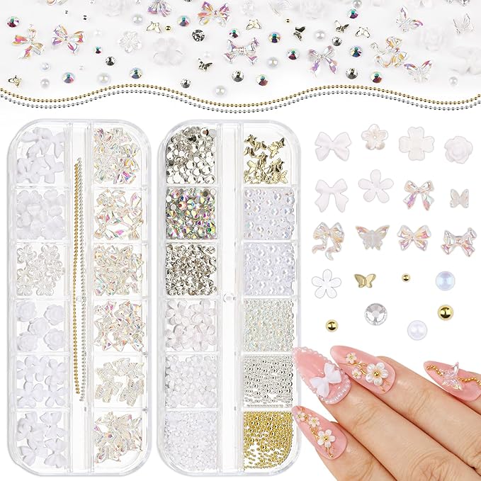 2 Boxes Assorted Nail Charms and Gems, White Flower Nail Charms Aurora Bow Metal Butterfly Crystal AB Clear Gemstones Silver/Gold Caviar Beads White Pearls Glass Bubble with Nail Chain (9-S2-Mixed6)